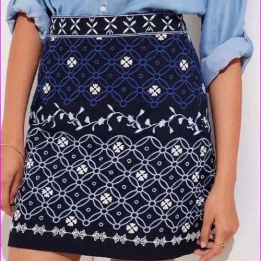 * LOFT Navy Blue Embroidered A-line Skirt Floral Spring Summer NWT US 6 - B2545